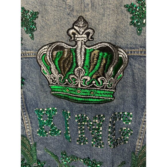 BoohooMAN Men's Embellished King Denim Jacket S Blue & Green Beaded Embroidery S - Picture 7 of 8